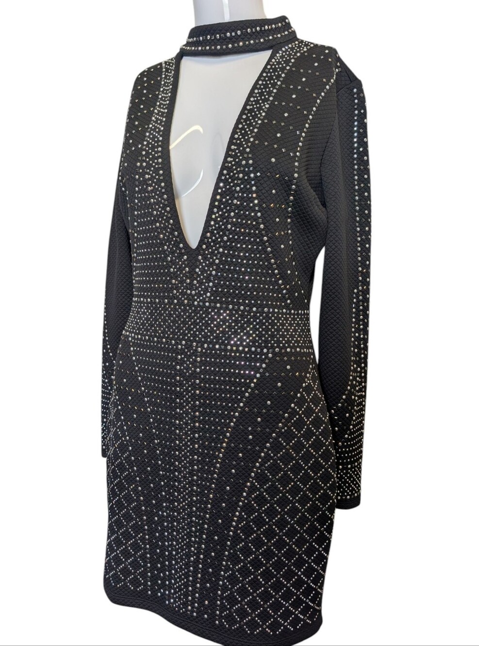 Bebe Black Studded Deep V Short Dress Long Sleeve Metallic Party Club Size M Y2K - Picture 2 of 5